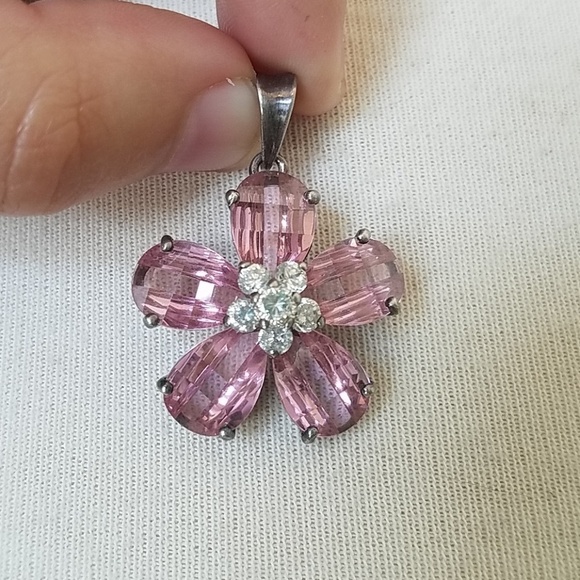 Sterling Silver and Pink Crystal Flower Pendant - Picture 2 of 7